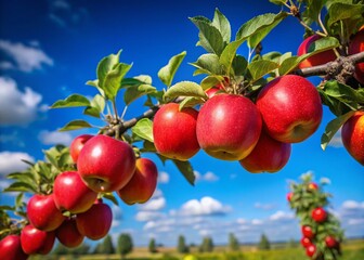 Obraz premium Catalan Orchard: Silhouette of Ripe Red Fuji Apples Hanging from Branch Against Blue Sky