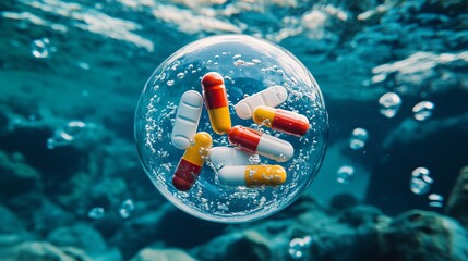 Underwater pharmaceutical pollution capsules drugs ocean water sea red risk blue pills white toxic