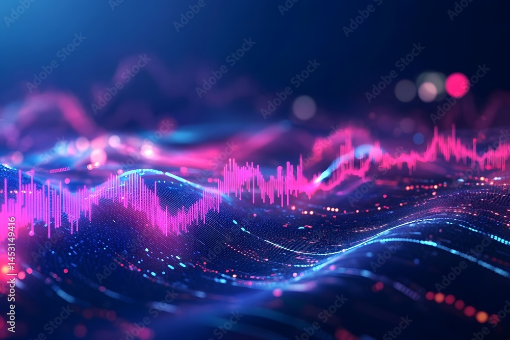 Poster abstract digital waves with colorful neon lights and sound patterns