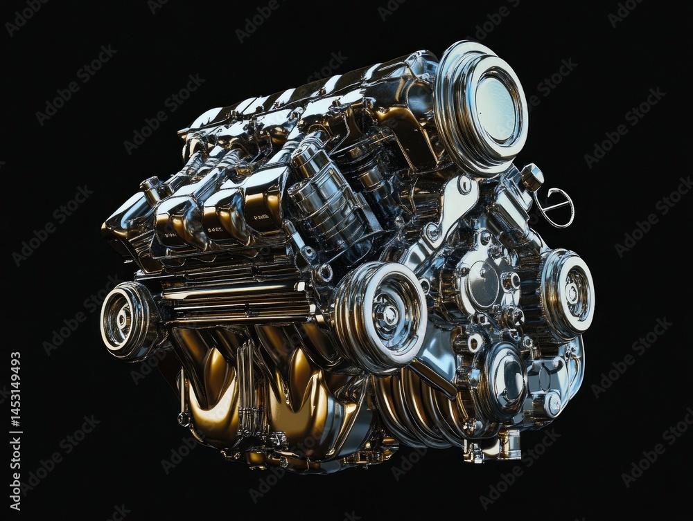Poster highly detailed metallic engine component against black background featuring reflective surfaces and