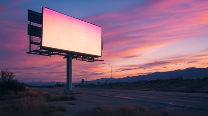 Blank billboard advertising mockup at sunset scenic highway landscape sky road pink view vast media