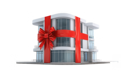 a modern house wrapped in a red ribbon with a bow, isolated on a white background, png, transparent