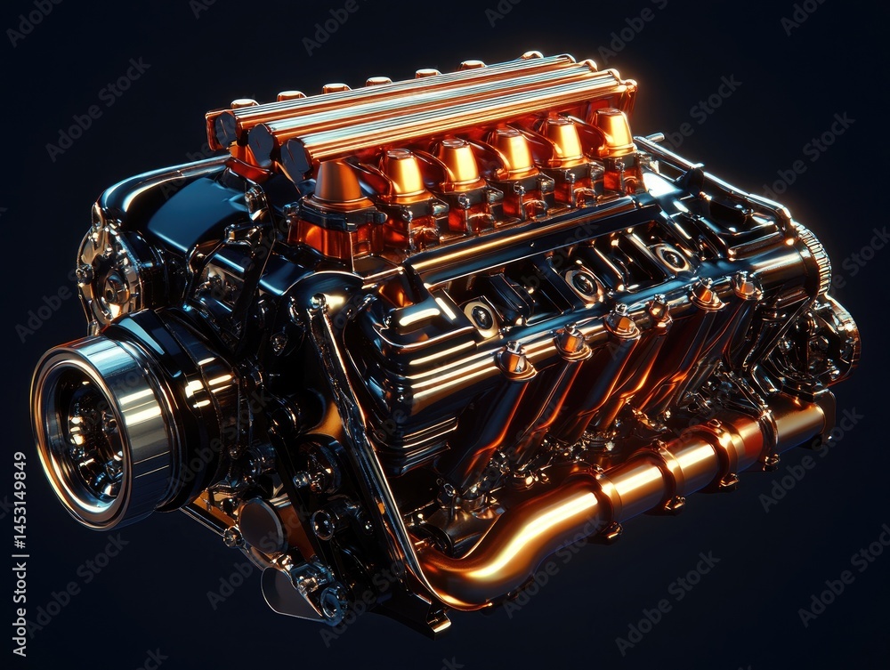 Poster detailed depiction of a metallic engine featuring intricate mechanical components bathed in warm int