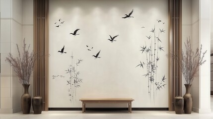 Modern minimalist interior with bird and bamboo wall art