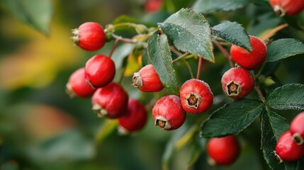 Close-up view of clusters of vibrant red berries on a leafy branch.