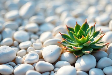 Fototapeta premium One lone succulent amongst numerous white pebbles, leaf, green