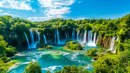A scenic view of multiple waterfalls cascading into a vibrant turquoise river amidst lush greenery