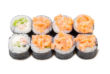 Sushi rolls with spicy salmon topping, shrimp, cucumber and cream cheese in nori