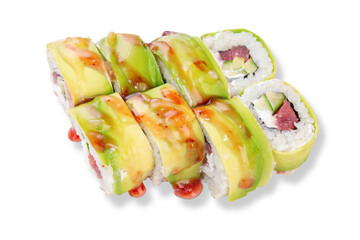 Sushi rolls with avocado, tuna and cream cheese