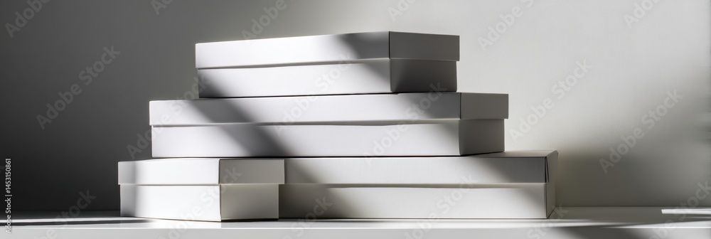 Poster Stacked Packaging Boxes With Shadows in a Clean White Studio Setting Generative AI