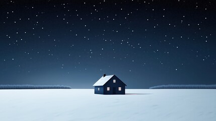 Lonely House in Snowy Winter Night