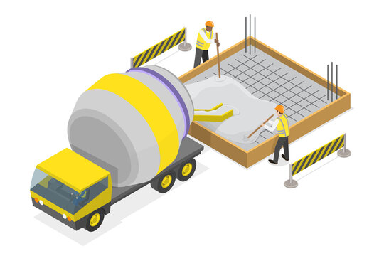 3D Isometric Flat  Illustration of Construction Foundament, Pouring Cement From Concrete Truck