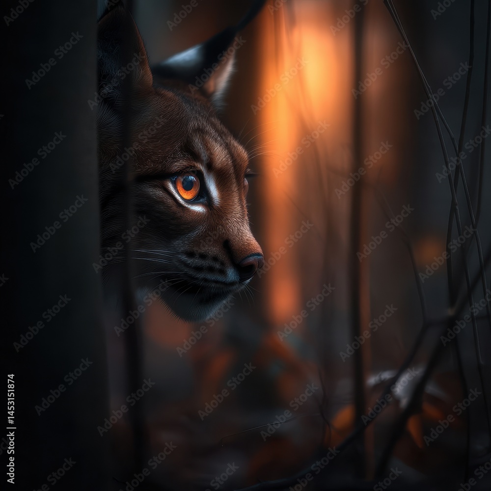 Poster enigmatic lynx in a forest setting captured through double exposure technique with a vibrant play of
