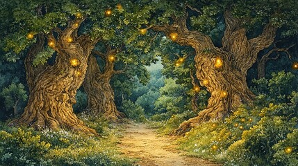 Enchanting forest path illuminated by glowing lights in the canopy. Lush green trees, warm golden light, and a dirt path lead into the depths of the woods