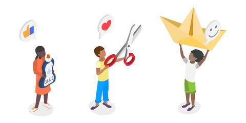 3D Isometric Flat  Illustration of Craftwork, Joyful Youngsters Equipped with Art Tools for Creative Projects