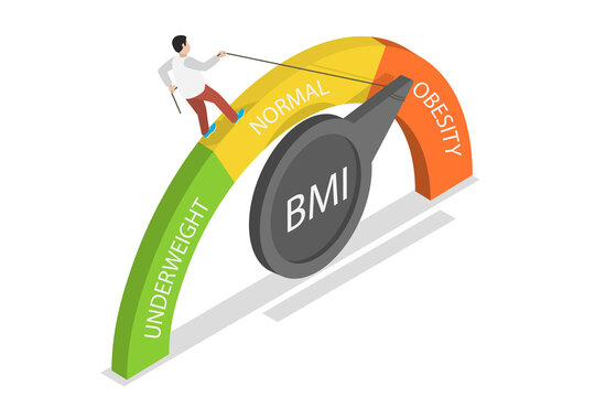 3D Isometric Flat  Illustration of Body Mass Index Calculator, Overweight Man Lowers Indicator Arrow