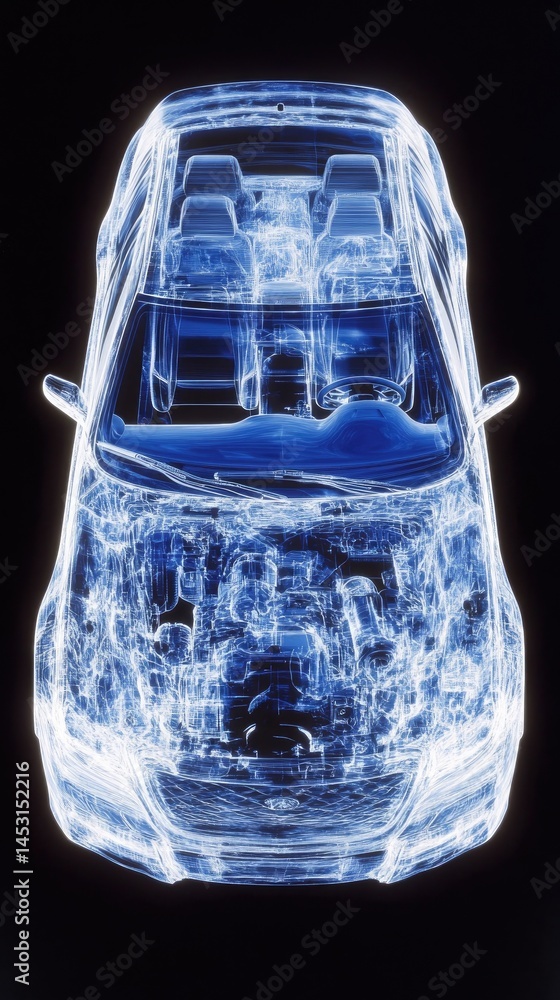 Poster overhead view of a digitally rendered car in luminous blue against a stark black backdrop highlighti