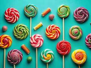 Colorful Lollipops on Cyan Background - Sweet Candy Photography
