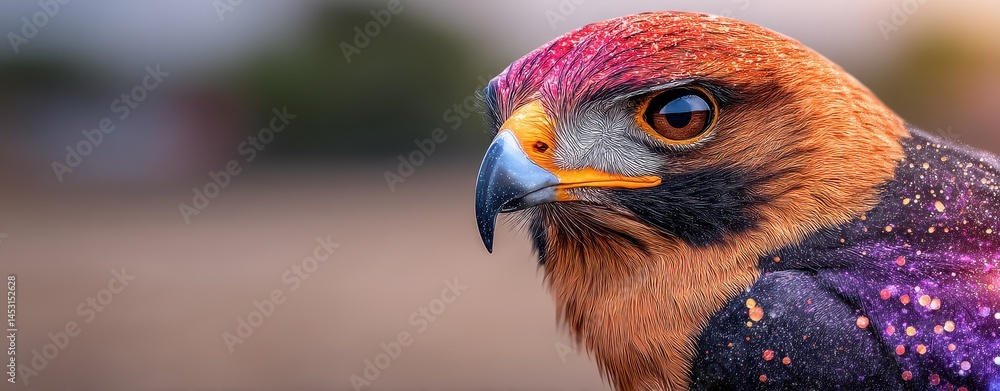 Poster ethereal hawk portrait with cosmic colors and dual exposures creating a wild journey of imagination 