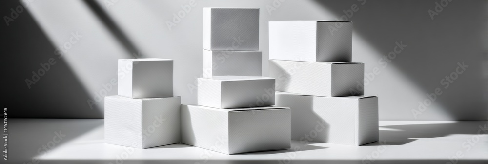 Aufkleber Stacked White Packaging Boxes in a Clean Studio Setting With Soft Shadows Cast by Natural Light Generative AI