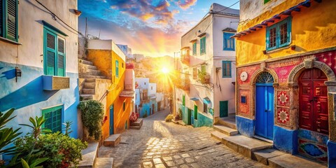 Obraz premium Colorful Tunisian Houses Street Double Exposure Stock Photo