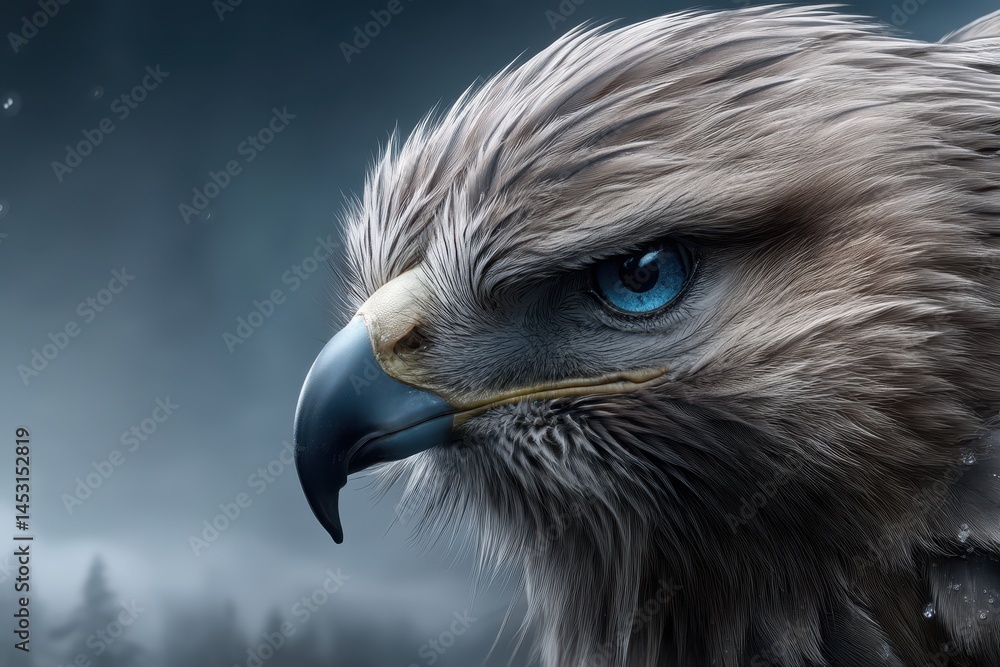 Poster captivating hawk portrait with ethereal background captured in double exposure technique