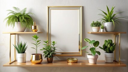 Contemporary Interior Design: Gold Potted Plants Shelf Mockup - Double Exposure Blank Frame