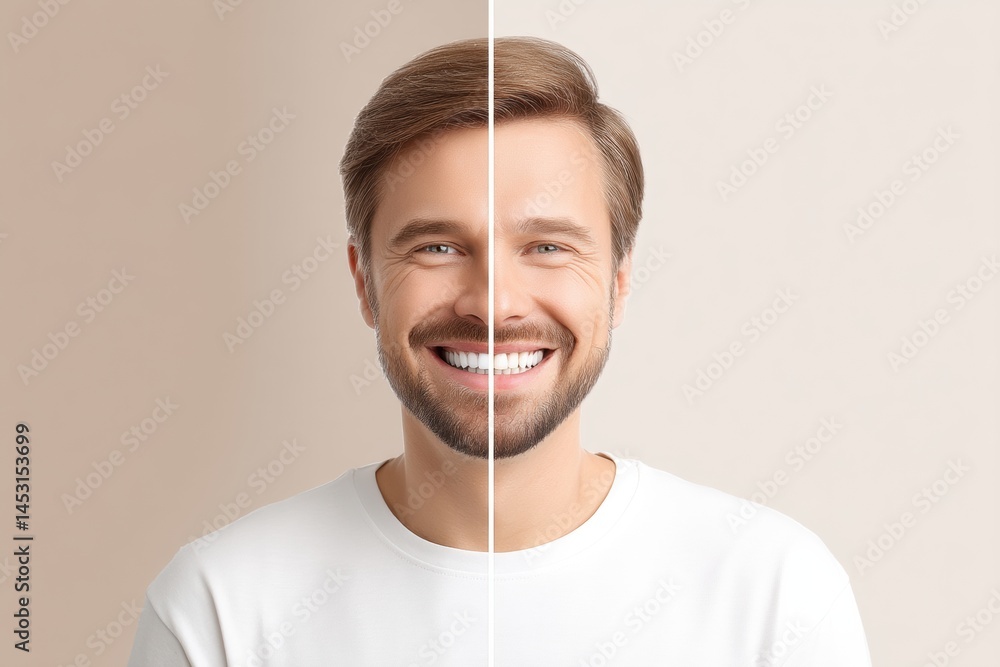 Poster before and after teeth restoration showing split face transformation for dental improvement generati