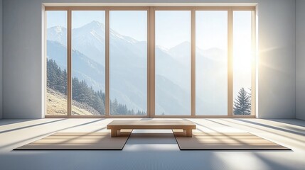 Minimalist Japanese-style room with mountain view