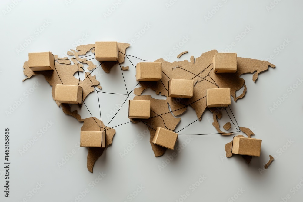 Aufkleber cardboard cutout world map with connecting boxes illustrating global logistics and supply chain rout