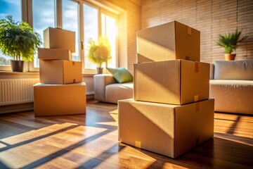 Cozy Living Room Packing Boxes, Sunlight, Moving Day, Home Relocation, Cardboard