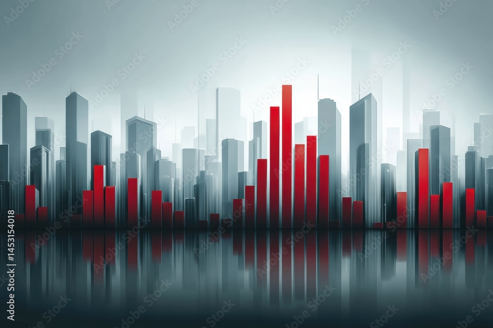 Poster city skyline transforms into a vertical bar chart depicting inflation rise over time during a cloudy