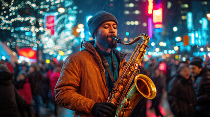 Street musician plays saxophone in a winter city