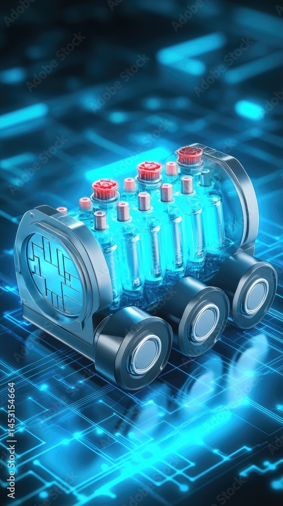 Poster futuristic metallic device with glowing blue elements and red accents against a digital circuit boar