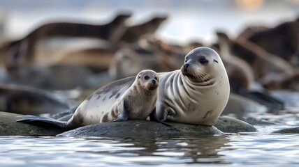 Obraz premium A heartwarming moment of a seal and its pup resting together by the water. The scene is a beautiful depiction of wildlife and natural beauty. The seals, with their sleek coats.