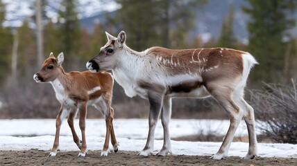Naklejka premium A mother reindeer stands with its young, both set against a backdrop of a snowy terrain