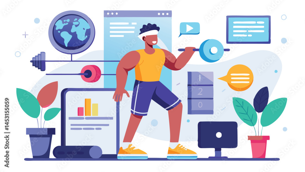 Leinwandbilder Vector illustration of a person managing tasks and data with technology in a bright and modern office environment, showcasing multitasking skills and productivity