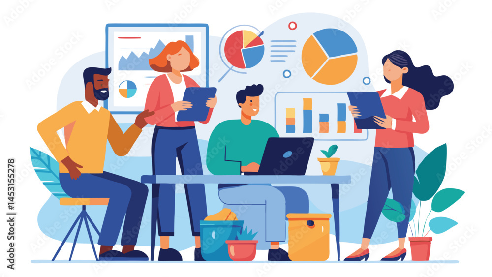 Aufkleber working together on data analysis in a modern office environment with diverse team members engaged i