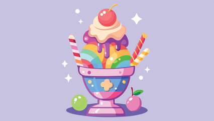 Delicious and colorful ice cream sundae with sprinkles and fruits set against a vibrant purple background
