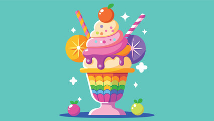 Delicious and colorful ice cream sundae with sprinkles and fruits set against a vibrant purple background