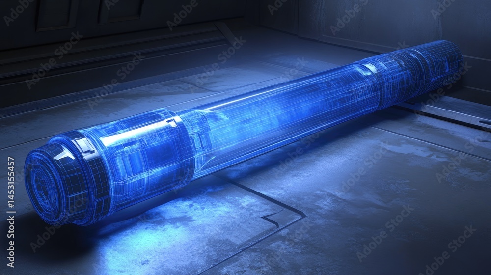 Poster futuristic cylindrical object with glowing blue particles on a textured metallic surface indoors. th