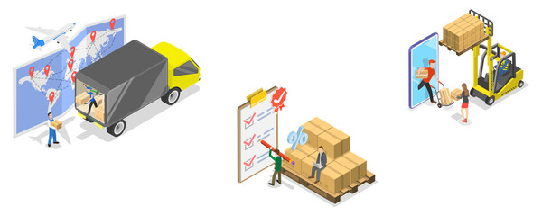 3D Isometric Flat  Illustration of Efficient Logistics Coordination, Supply Chain Optimization