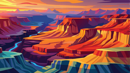 Majestic sunset over the canyon landscape featuring vibrant colors and dramatic rock formations with a winding river flowing through the valley