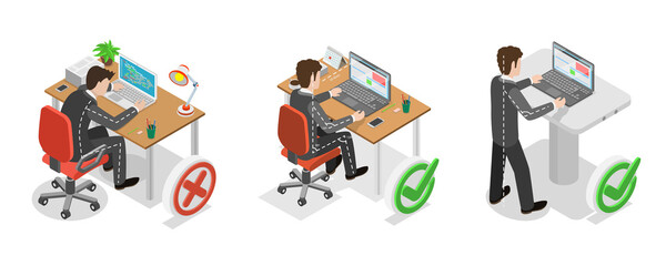 3D Isometric Flat  Illustration of How To Sit At Desk, Advice For Office Workers On Correct Sitting Posture