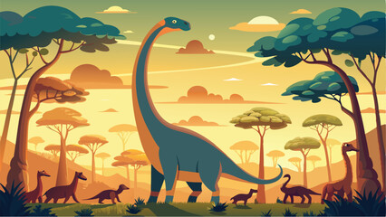 Vector illustration of dinosaurs interacting in a prehistoric landscape with mountains and trees showing a vibrant sunset ambiance © SaroStock