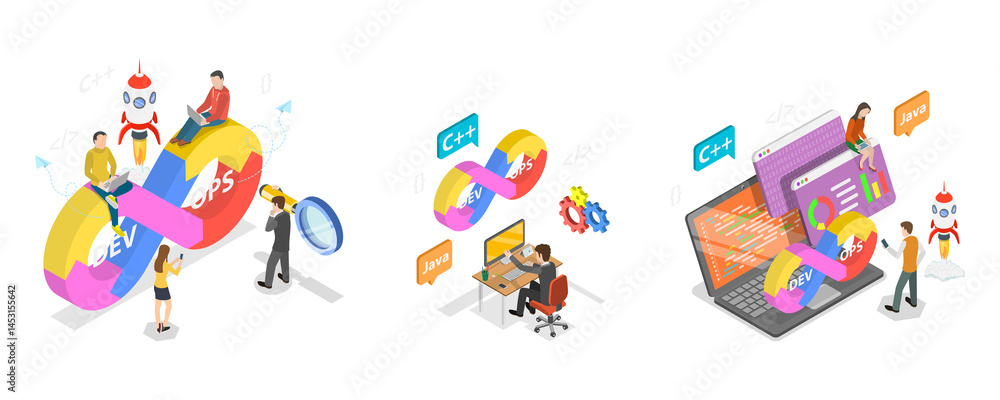 Poster 3d isometric flat illustration of devops, streamlineing development and operations processes