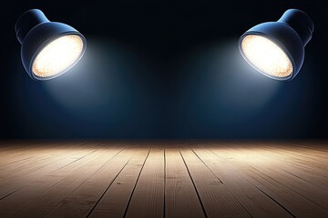 Two spotlights illuminate a wooden stage floor in a dark room