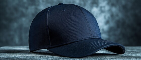 Navy blue baseball cap on textured surface