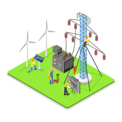 3D Isometric Flat  Illustration of Electricity Energy Maintenance, Technicians Services