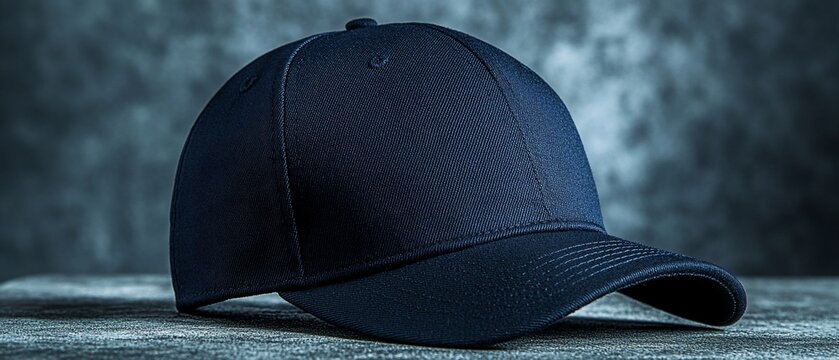 Navy blue baseball cap on textured surface